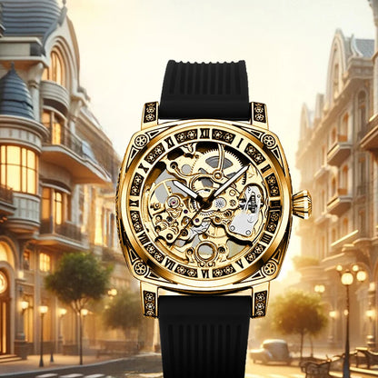 A men's yellow and black casual fashion mechanical watch with exquisite engraved hollow pattern