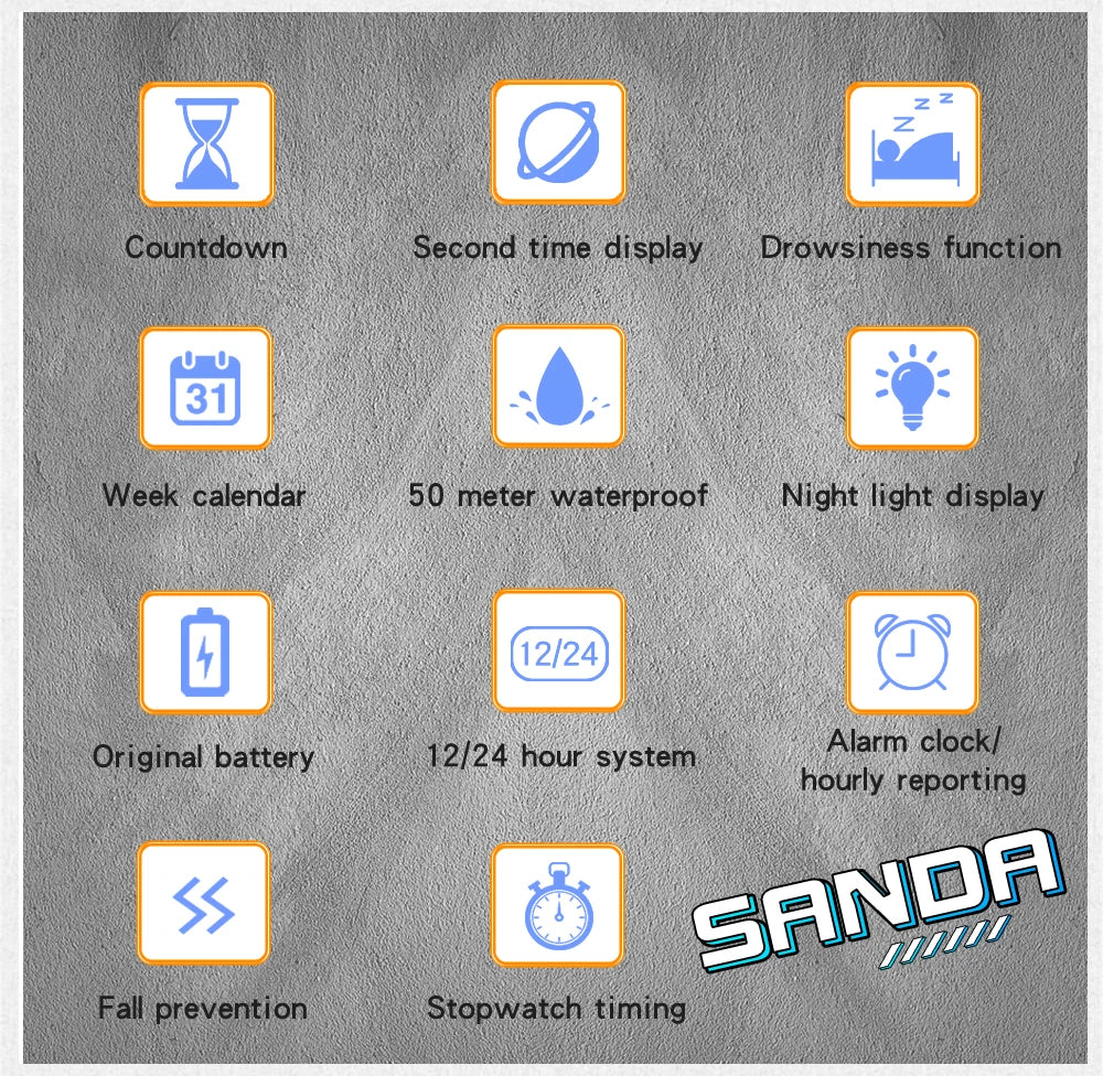 SANDA 6196 Student Electronic Watch Night Light Waterproof Sports Men's Lightweight Square Luxury Classic  Electronic Watch