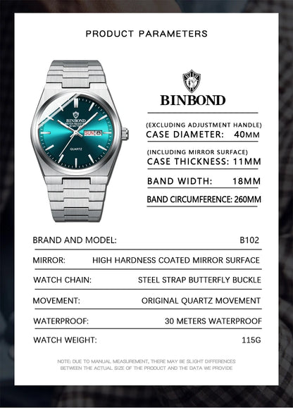 BINBOND Men's Fashion Business Watch Quartz Movement Stainless Steel Buckle Waterproof Luminous Calendar Leisure Watch