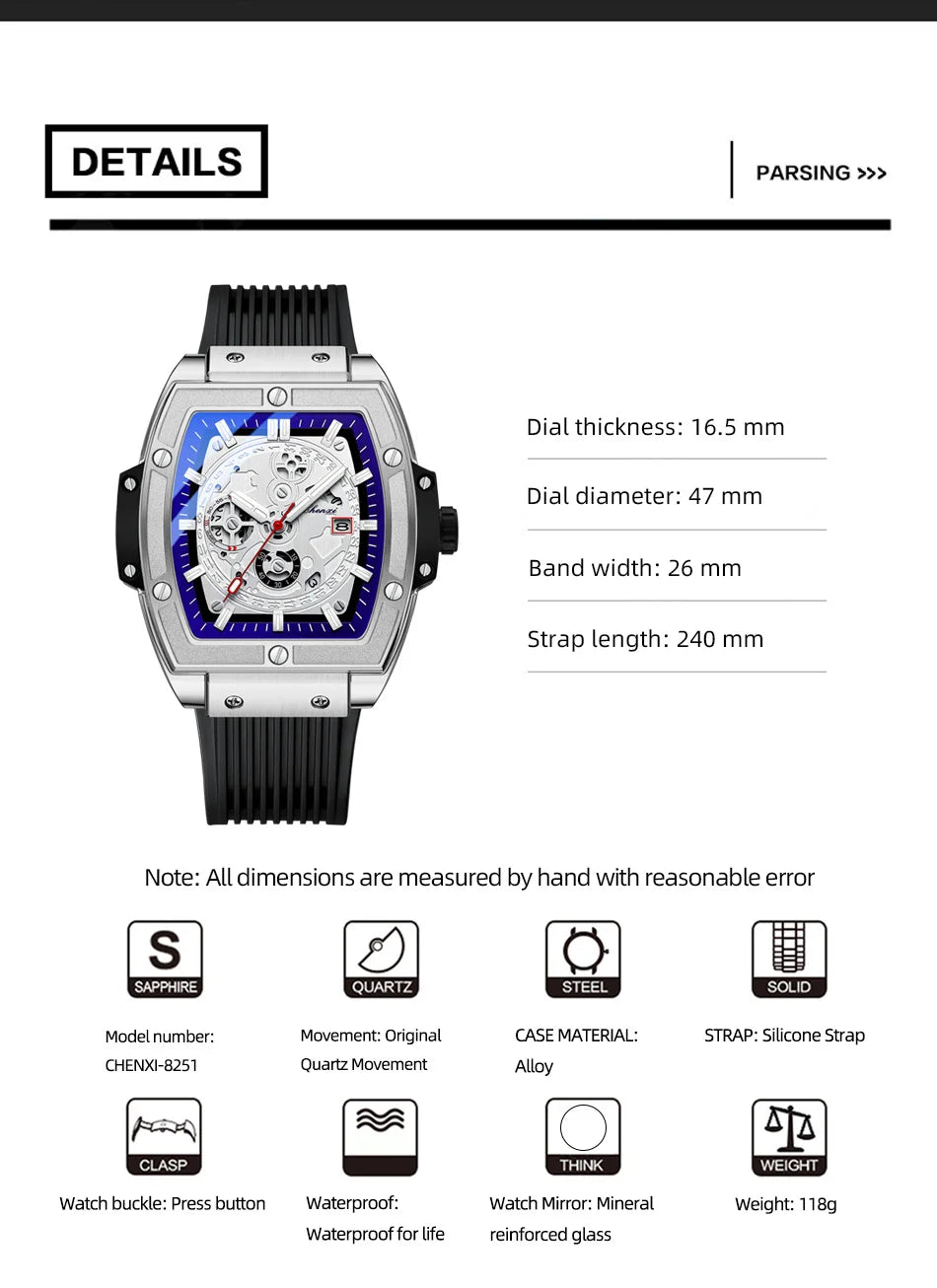 CHENXI Top Brand Popular Men Sports Watch Quartz Luxury Waterproof Silicone Strap WristWatch New Fashion Men's Date Clock