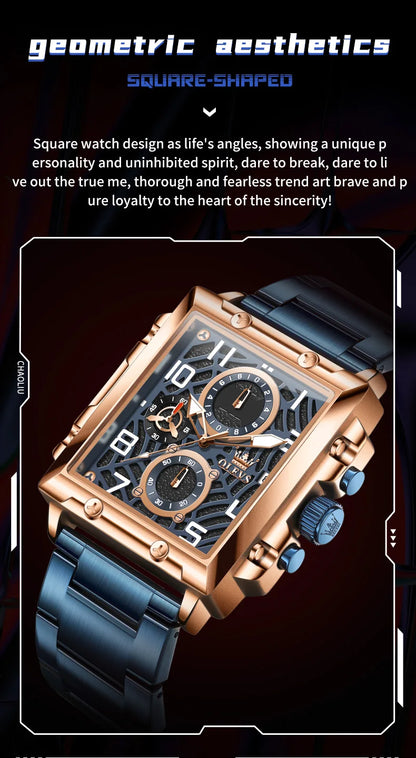 OLEVS Brand Square Multifunctional Quartz Watch for Men Stainless Steel Waterproof Sport Chronograph Mens Watches Reloj Hombre