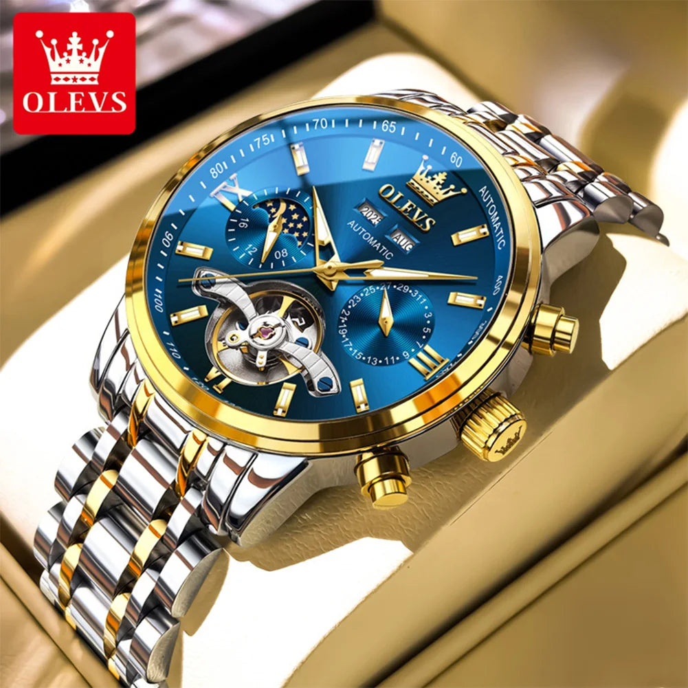 OLEVS 6740 Skeleton Flywheel Artistic Multifunctional Dials High Definition Translucent Coated Mirror Luminous Men's Watch