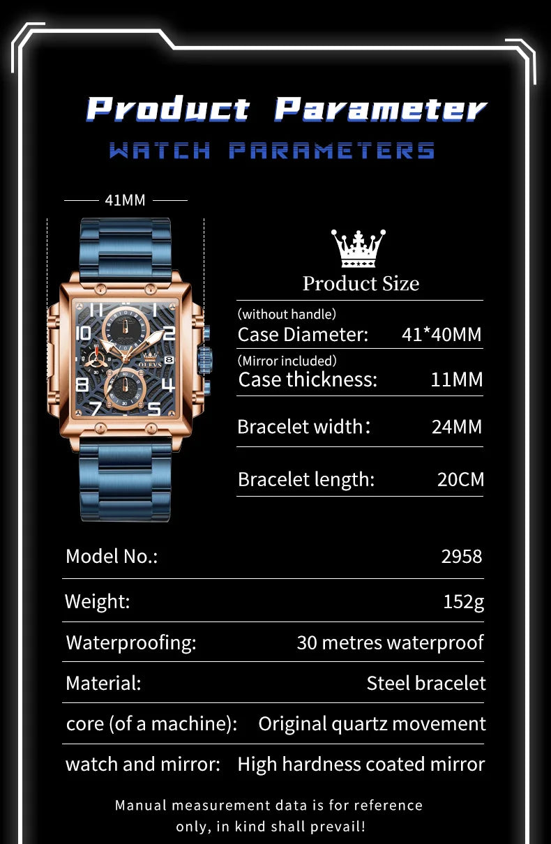 OLEVS Brand Square Multifunctional Quartz Watch for Men Stainless Steel Waterproof Sport Chronograph Mens Watches Reloj Hombre