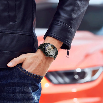 Forsining Gold Square Skeleton Automatic Mechanical Watches Engraved Design Luminous Hands Stainless Steel Strap Retro Men Watch