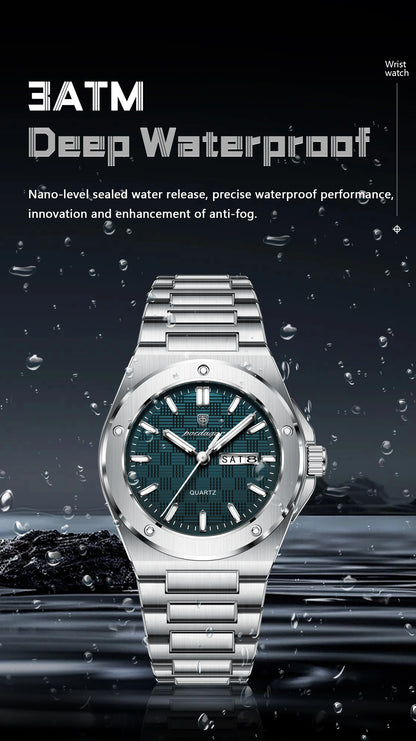 POEDAGAR Original Men Clock Quartz Date Week Luxury Man Wristwatch Waterproof Luminous Stainless Steel Sport Men's Watches Reloj