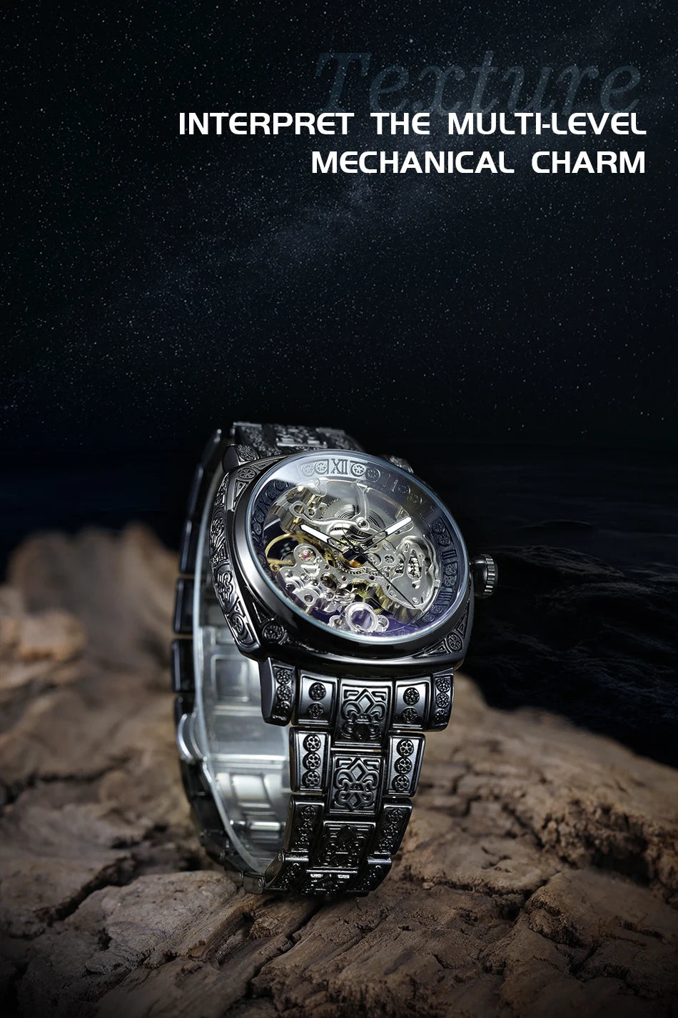 Forsining Gold Square Skeleton Automatic Mechanical Watches Engraved Design Luminous Hands Stainless Steel Strap Retro Men Watch