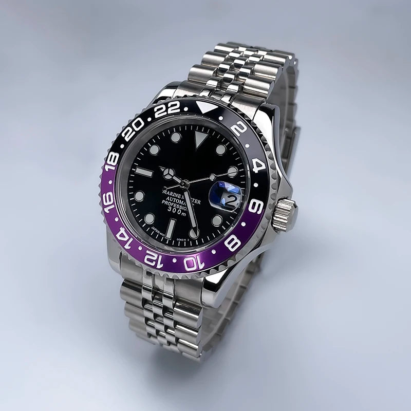 40MM Diameter YM Design Two-Way Rotating Bezel Sapphire Glass Luminous Dial for NH35 Movement Jubile Strap Luxury Men's Watch