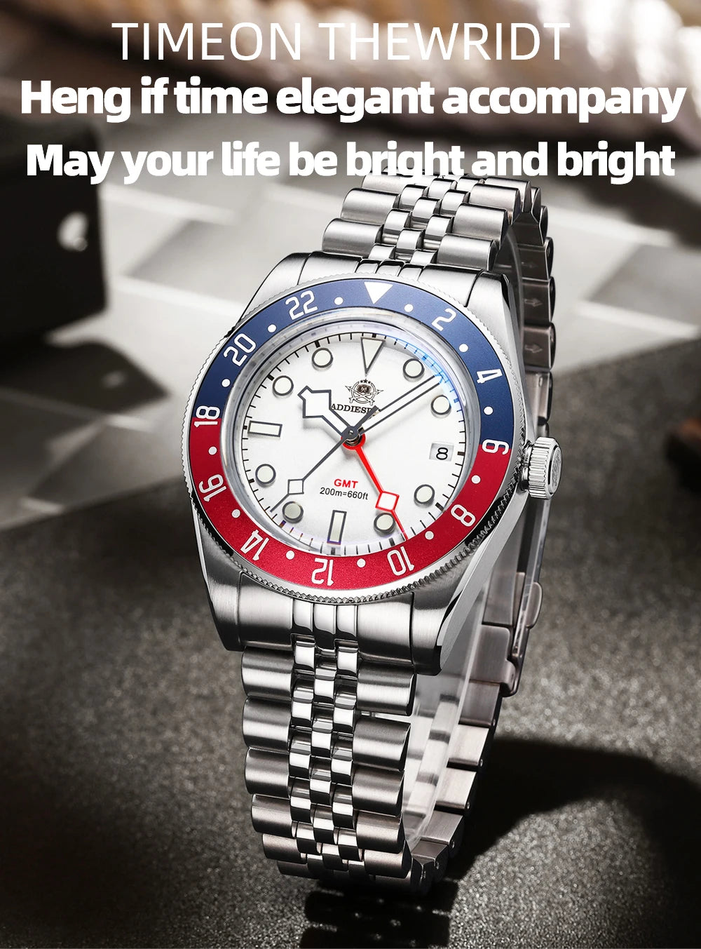 ADDIESDIVE Mens GMT Watches Luxury Stainless Steel Casual Quartz Watch Men Sport 200MM Waterproof Wristwatches Relogio Masculino