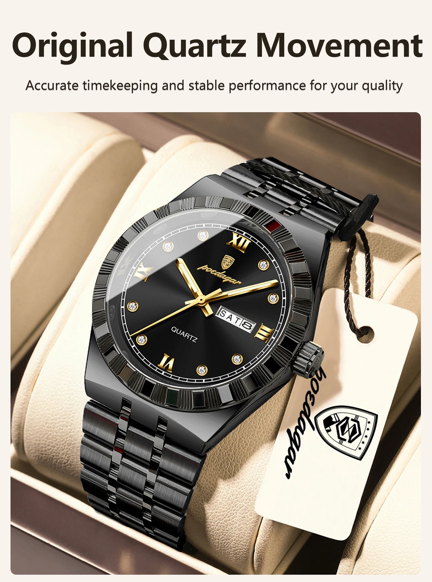 POEDAGAR Business Male Watches Waterproof Luminous Week Date Fashion Men's Wristwatch Stainless Steel Quartz Watch For Men Reloj