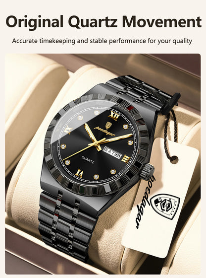 POEDAGAR Business Male Watches Waterproof Luminous Week Date Fashion Men's Wristwatch Stainless Steel Quartz Watch For Men Reloj