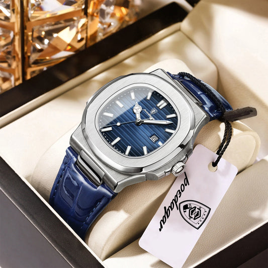 POEDAGAR Top Square Man Watch Date Waterproof Luminous Luxury Men Wristwatch High Quality Leather Men's Quartz Watches+Box Reloj