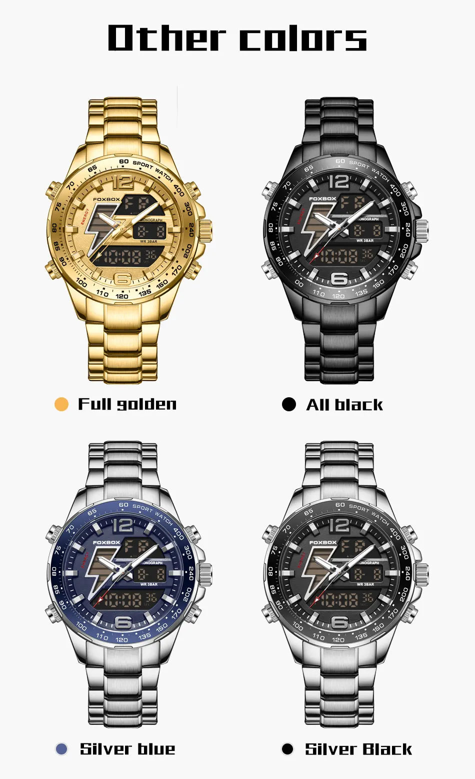 FOXBOX New Men Watches Dual Display 30M Waterproof Date Clock Wristwatch Fashion Sports Watch for Men Electronic Watches Man+Box