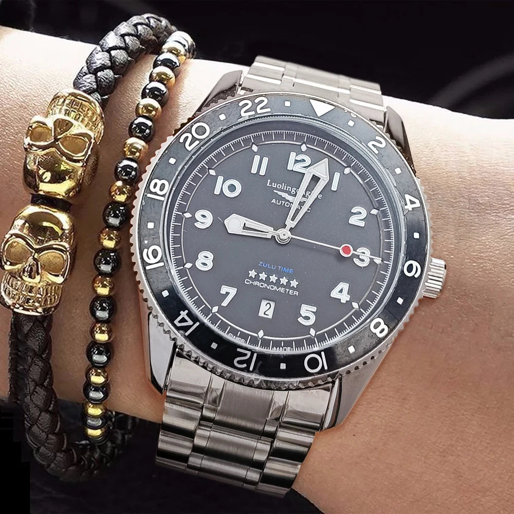 European and American Style High-End Luxury Black Submariner Series Automatic Mechanical Watch for Men, Skeleton Design, Waterproof, Calendar, Fashionable, Business Casual, Versatile, Unique, Cool, Handsome, Trendy Men's Watc