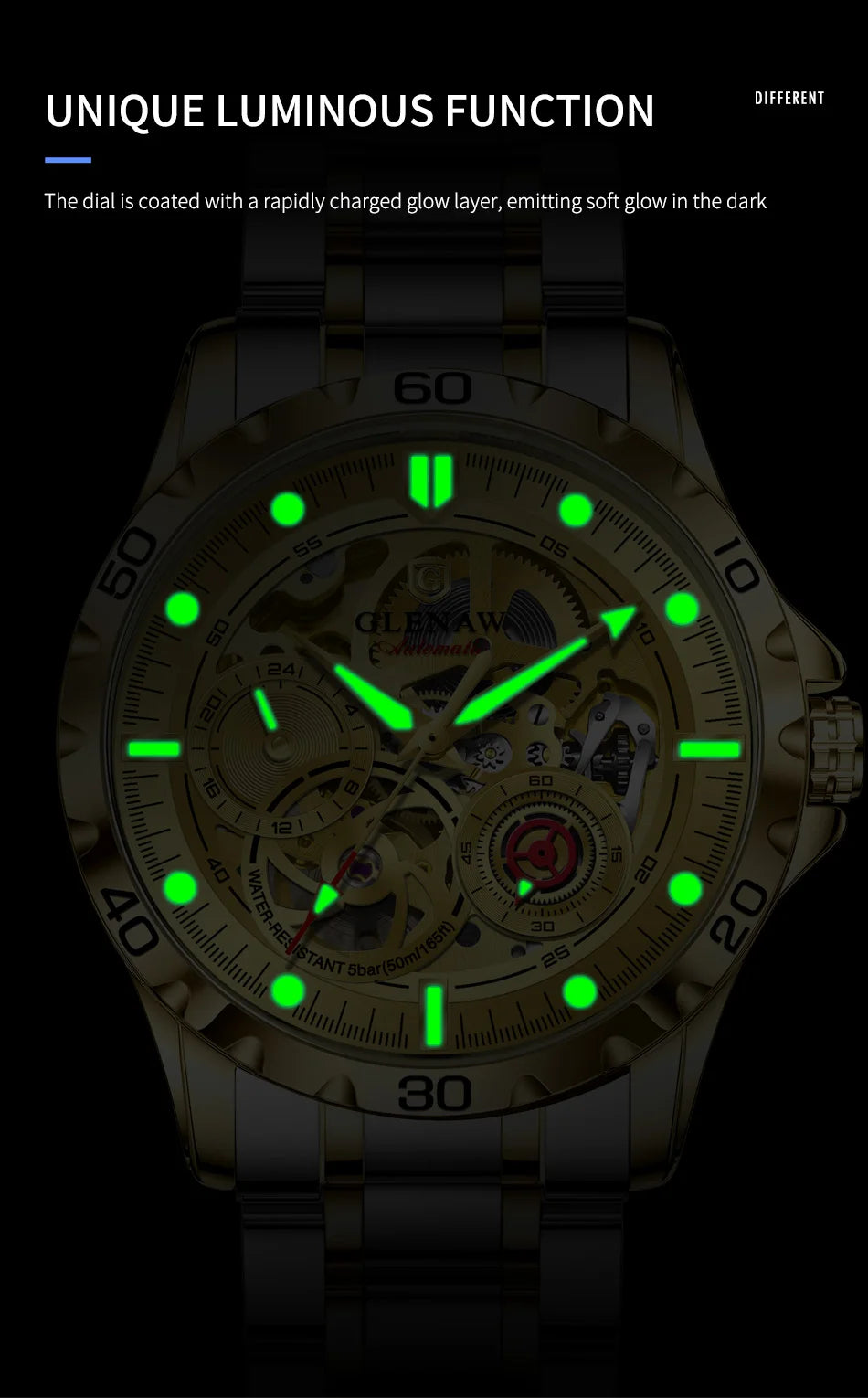 2025 New GLENAW Design Luxury Mechanical Watch Men Stainless Steel Strap Night Light 24-hour Display Waterproof Automatic Watch