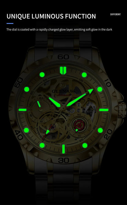 2025 New GLENAW Design Luxury Mechanical Watch Men Stainless Steel Strap Night Light 24-hour Display Waterproof Automatic Watch