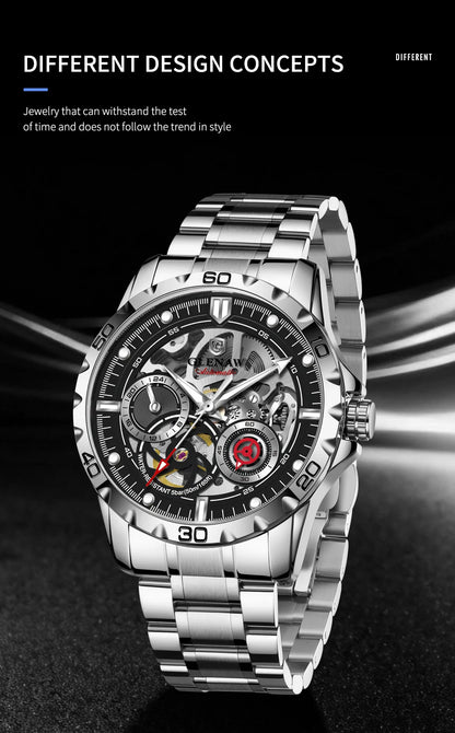 2025 New GLENAW Design Luxury Mechanical Watch Men Stainless Steel Strap Night Light 24-hour Display Waterproof Automatic Watch