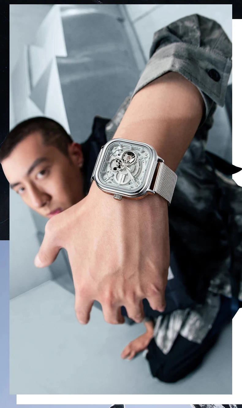 Mark Fairwhale 6014 Men's Automatic Movement Mechanical Watch Square Dial Stainless Steel Waterproof Mesh Strap Watches for Men