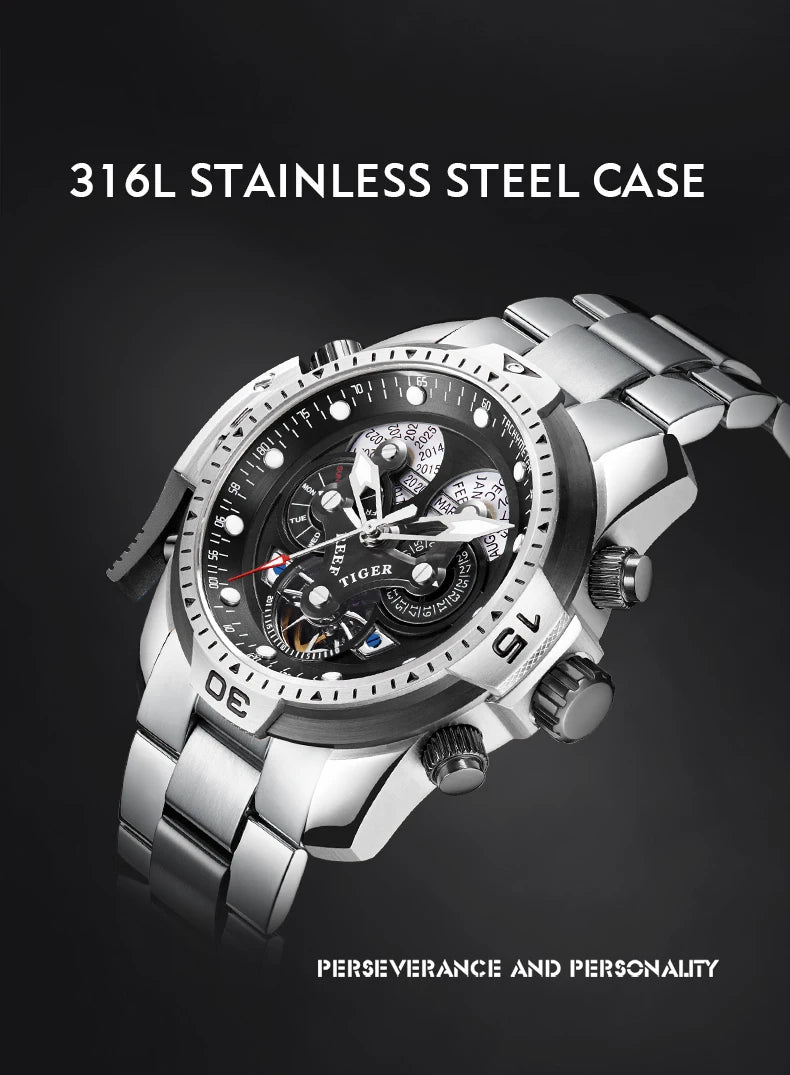 Reef Tiger/RT Designer Stainless Steel Completed Calendar Automatic Watch Men Date Rose Gold Bracelet Mechanical Watches RGA3503