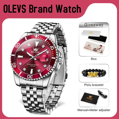 OLEVS 9809 Men Watch Original Brand Waterproof Quartz Watch Stainless Steel Strap Automatic Date  Sports Watch Mens Gifts Box