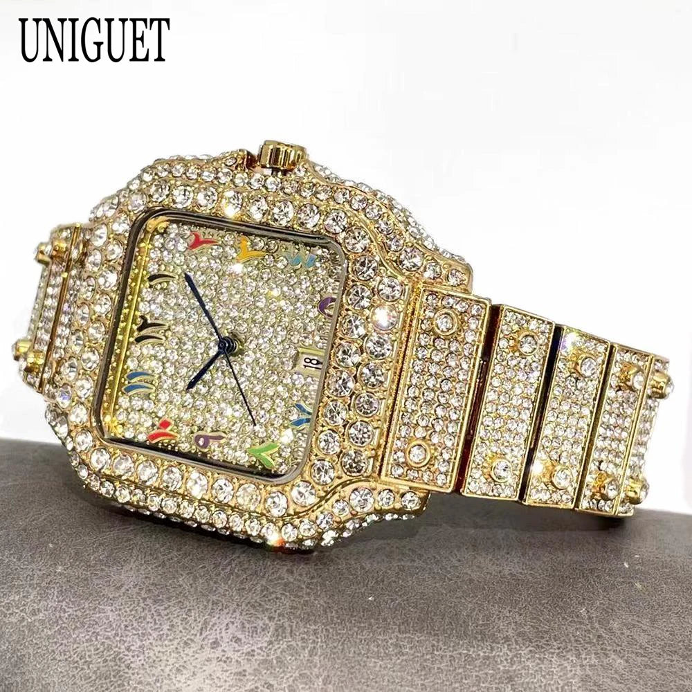 2026 New Luxury Diamond Watch Men Fashion Iced Out Square Colorful Number Watches Hip Hop Bling Jewelry Reloj Hombre for Gift