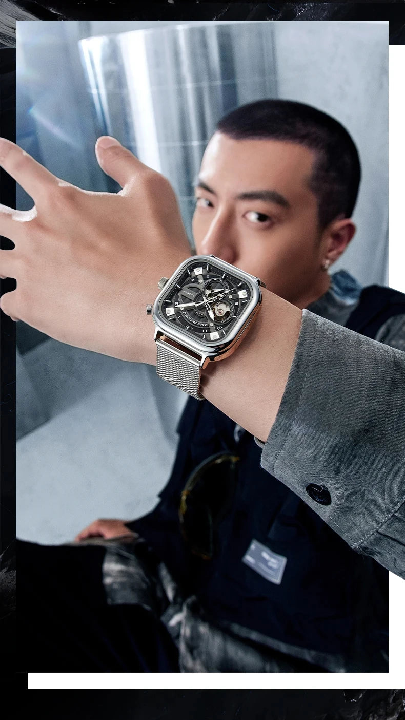 Mark Fairwhale 6014 Men's Automatic Movement Mechanical Watch Square Dial Stainless Steel Waterproof Mesh Strap Watches for Men