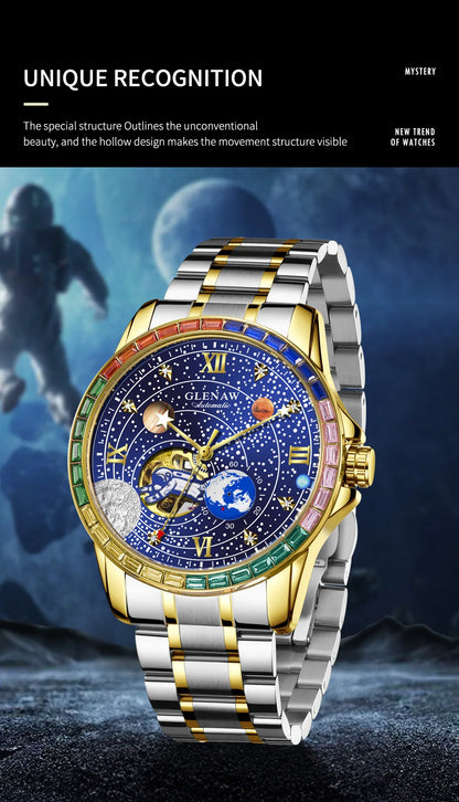 New GLENAW Rotating Earth Mechanical Watch Men Space astronaut dial Night Light Waterproof Stainless Steel Strap Automatic Watch