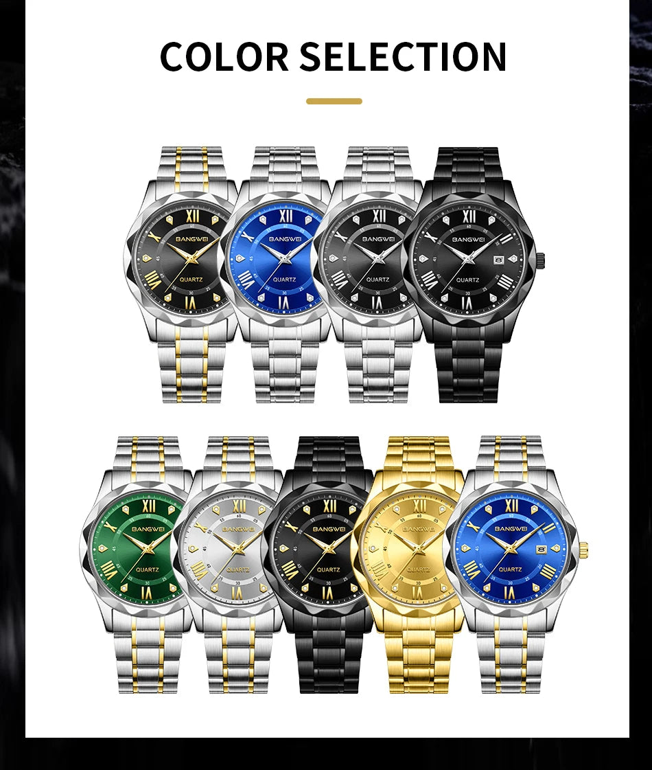 BANGWEI Quartz Watch For Men Luxury Calendar Waterproof Business Men's Wristwatch Luminous Big Dial Simple Man Watch hombre