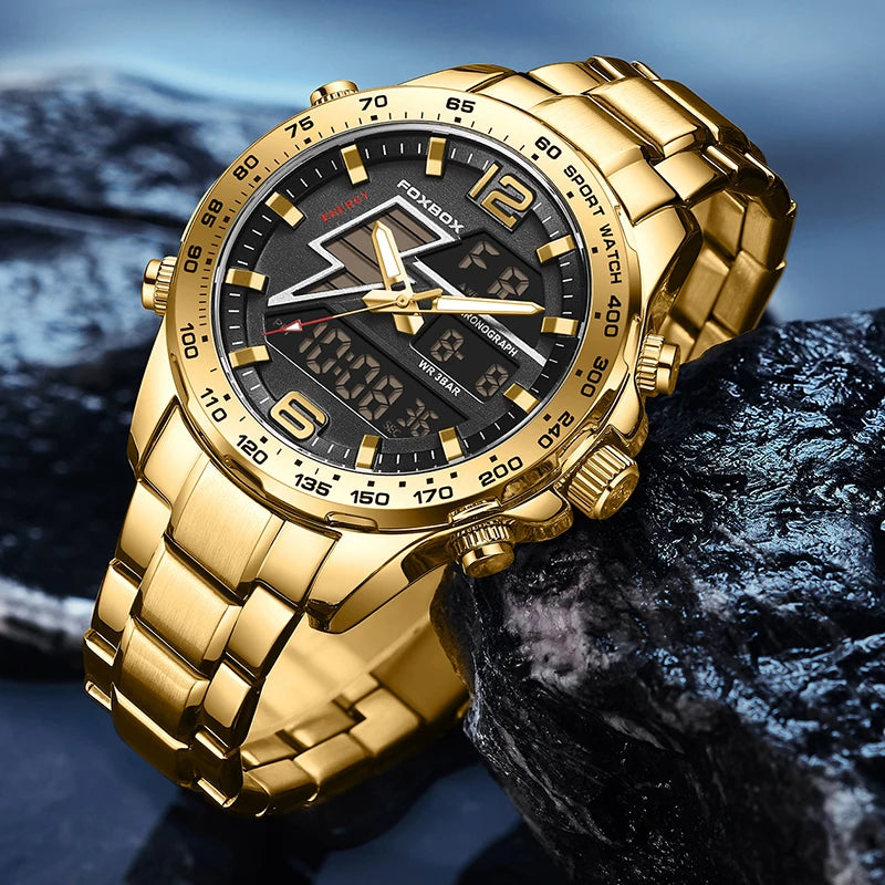 FOXBOX New Men Watches Dual Display 30M Waterproof Date Clock Wristwatch Fashion Sports Watch for Men Electronic Watches Man+Box