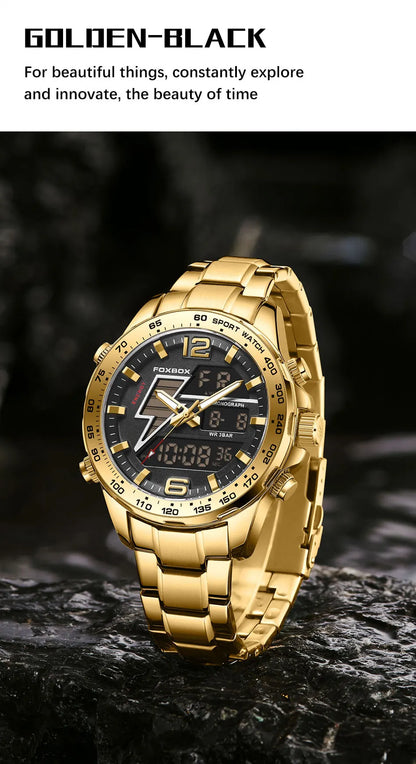FOXBOX New Men Watches Dual Display 30M Waterproof Date Clock Wristwatch Fashion Sports Watch for Men Electronic Watches Man+Box