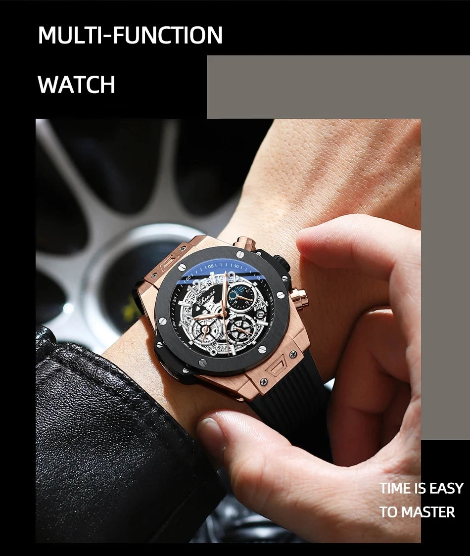 CHENXI Men's Fashion Silicone Chronograph Watch Multifunctional Cool Luminous Quartz Starry Lunar Phases Sport Wristwatch