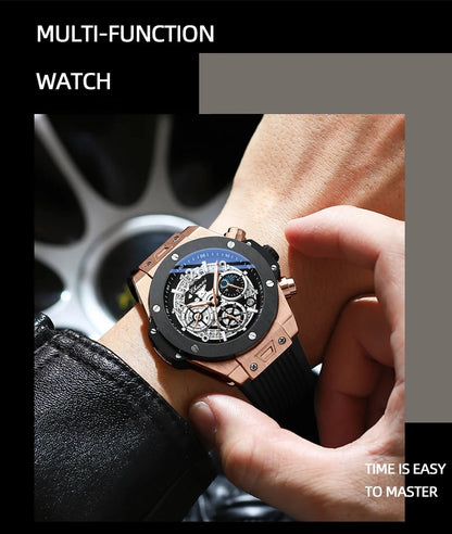 CHENXI Men's Fashion Silicone Chronograph Watch Multifunctional Cool Luminous Quartz Starry Lunar Phases Sport Wristwatch