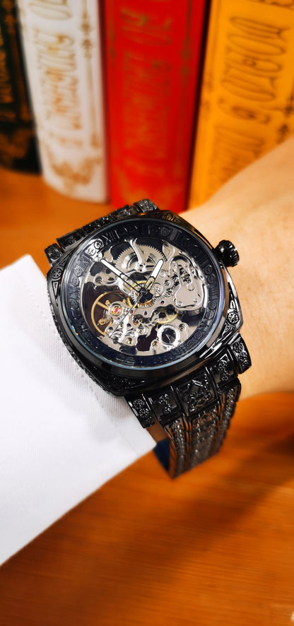 Forsining Gold Square Skeleton Automatic Mechanical Watches Engraved Design Luminous Hands Stainless Steel Strap Retro Men Watch