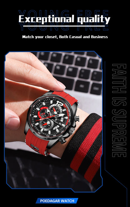 POEDAGAR Functional Watch For Men Date Chronograph Luminous Waterproof Silicone Classic Male Watch Quartz Original Men's Watches