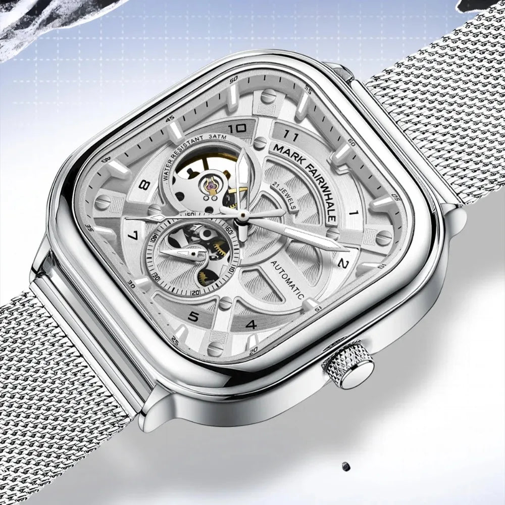 Mark Fairwhale 6014 Men's Automatic Movement Mechanical Watch Square Dial Stainless Steel Waterproof Mesh Strap Watches for Men