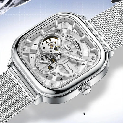 Mark Fairwhale 6014 Men's Automatic Movement Mechanical Watch Square Dial Stainless Steel Waterproof Mesh Strap Watches for Men