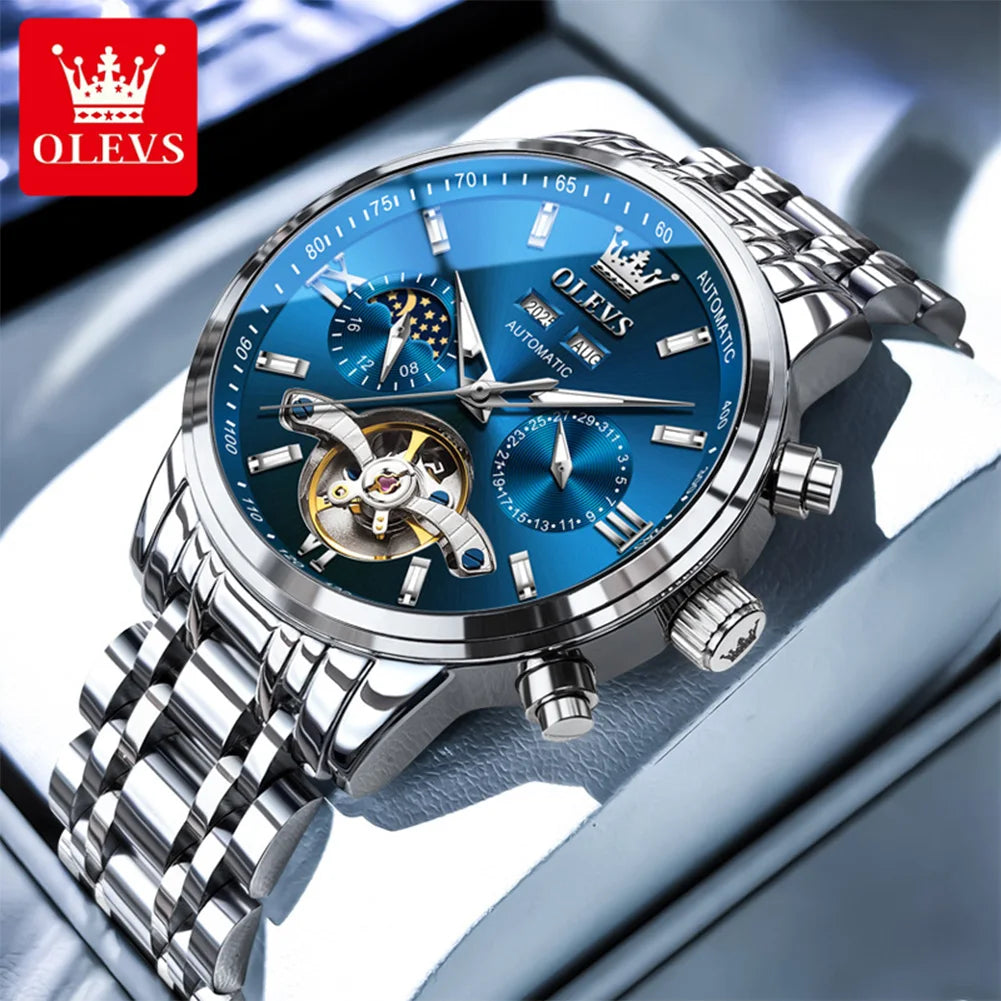 OLEVS 6740 Skeleton Flywheel Artistic Multifunctional Dials High Definition Translucent Coated Mirror Luminous Men's Watch