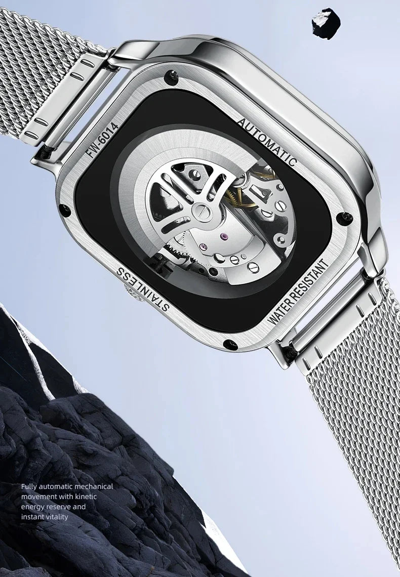 Mark Fairwhale 6014 Men's Automatic Movement Mechanical Watch Square Dial Stainless Steel Waterproof Mesh Strap Watches for Men