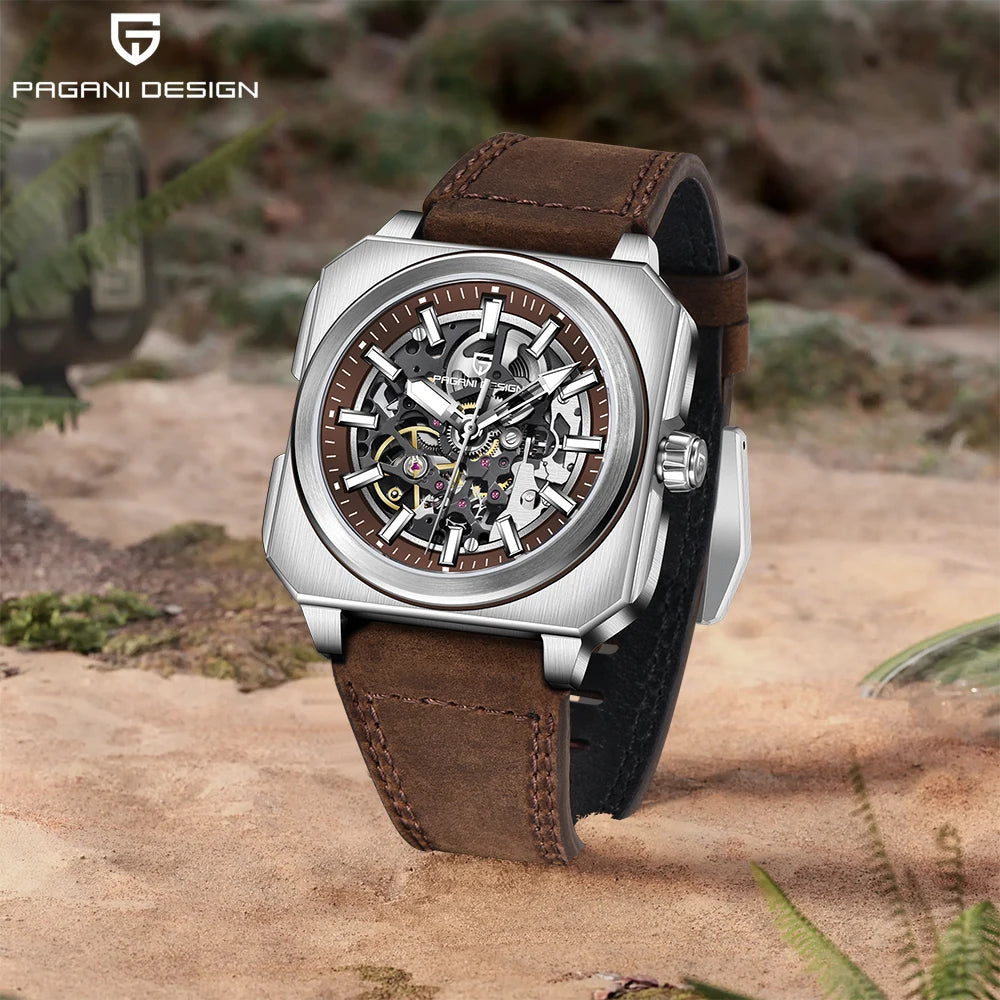 PAGANI DESIGN sports Square Men's Mechanical Automatic Watch Waterproof Retro Leather Outdoor Sports Luminous Gift Men's Watch