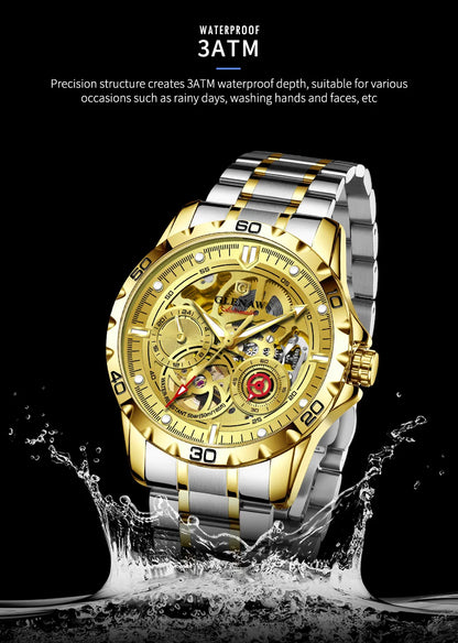 2025 New GLENAW Design Luxury Mechanical Watch Men Stainless Steel Strap Night Light 24-hour Display Waterproof Automatic Watch