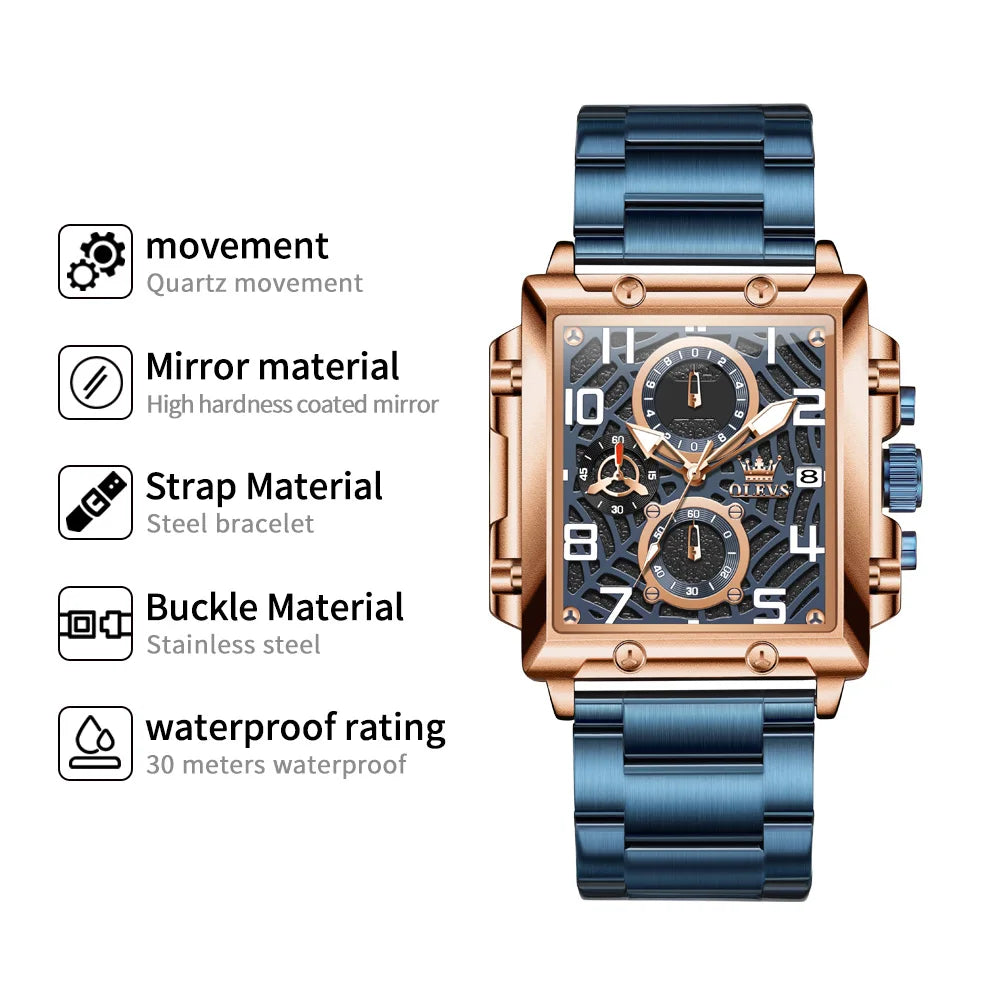 OLEVS Brand Square Multifunctional Quartz Watch for Men Stainless Steel Waterproof Sport Chronograph Mens Watches Reloj Hombre
