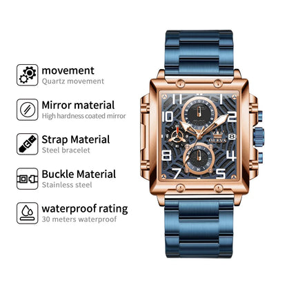 OLEVS Brand Square Multifunctional Quartz Watch for Men Stainless Steel Waterproof Sport Chronograph Mens Watches Reloj Hombre