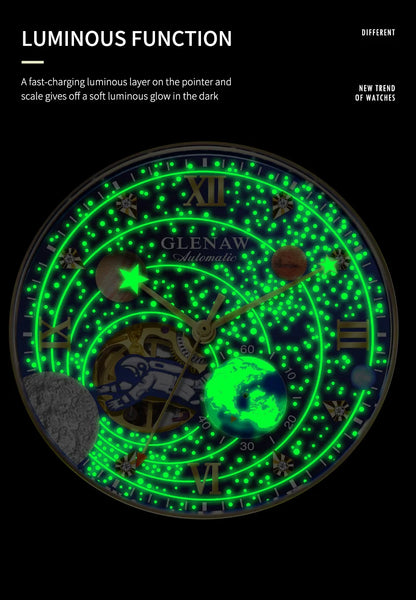 New GLENAW Rotating Earth Mechanical Watch Men Space astronaut dial Night Light Waterproof Stainless Steel Strap Automatic Watch