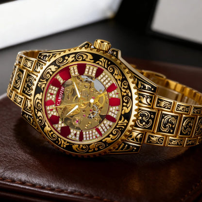 A men's black and red vintage luxury-style fully automatic mechanical watch with exquisite engravings
