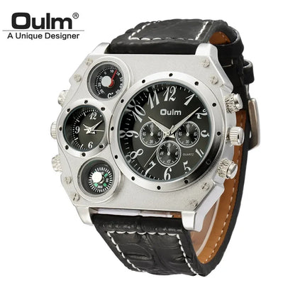 Oulm 1349 Unique Designer Brand Men's Sports Watch Two Time Zone Quartz Watches Big Dial Military Leather Band Wristwatch