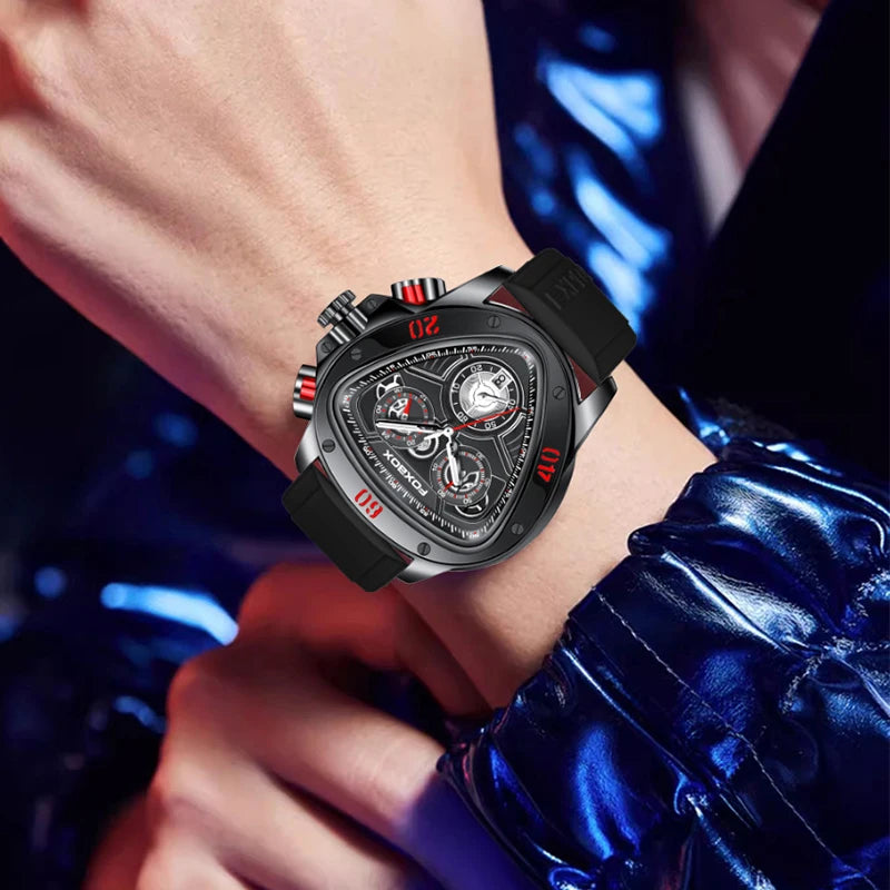 FOXBOX Fashion Luxury Quartz Man Watch Creative Big Dial Chronograph Date Nylon Strap Casual Sport Triangle Men's Watches Clocks