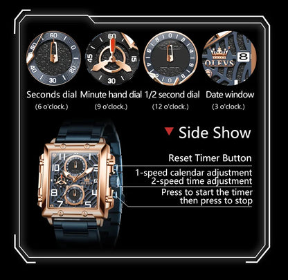 OLEVS Brand Square Multifunctional Quartz Watch for Men Stainless Steel Waterproof Sport Chronograph Mens Watches Reloj Hombre