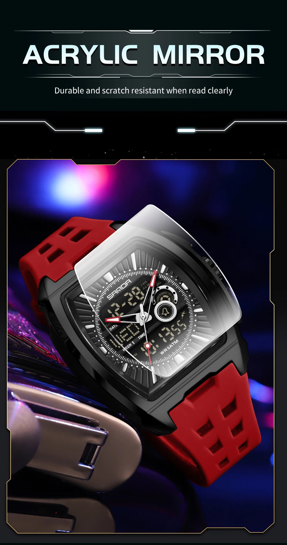 SANDA Luxury Men Wristwatch Electronic LED Display Luminous Sports Man Watch Quartz Waterproof Military Alarm Date Watches Male