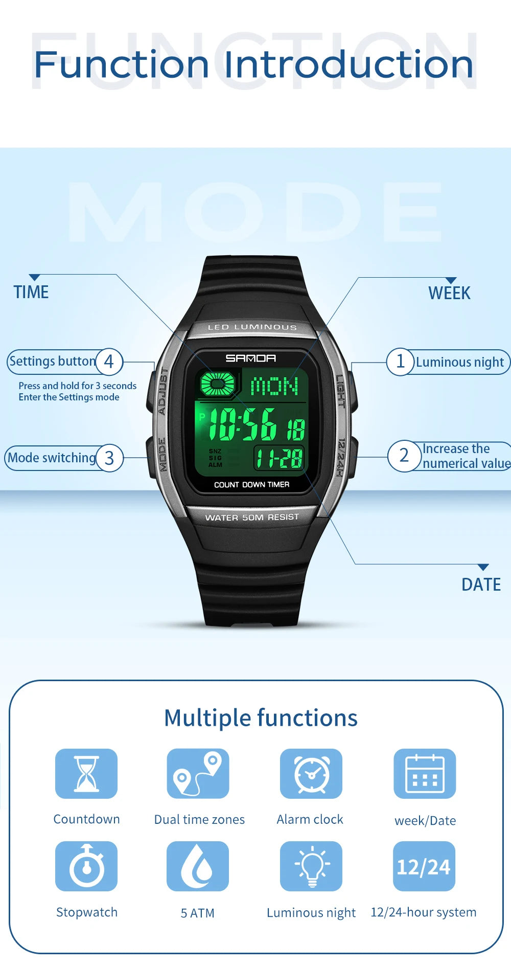 Fashion SANDA New 2208 Fashion Men's Electronic Watch Outdoor Sports Waterproof Timing LED Women's Watch