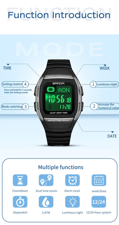 Fashion SANDA New 2208 Fashion Men's Electronic Watch Outdoor Sports Waterproof Timing LED Women's Watch