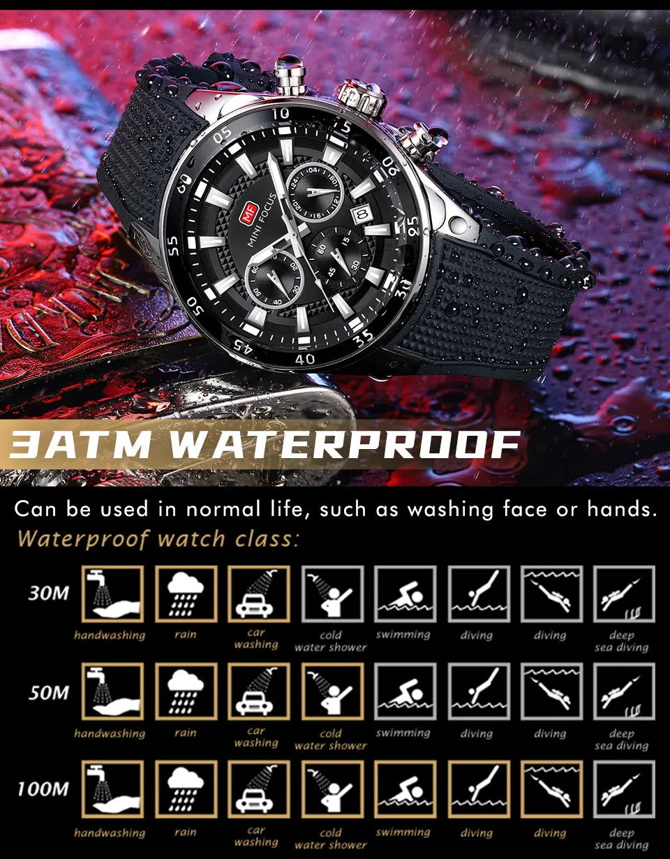 2026 New MINI FOCUS Men's Sports Quartz Watch Casual Analog Wrist Watch with Luminous Hands Silicone Strap Date Water Resistant
